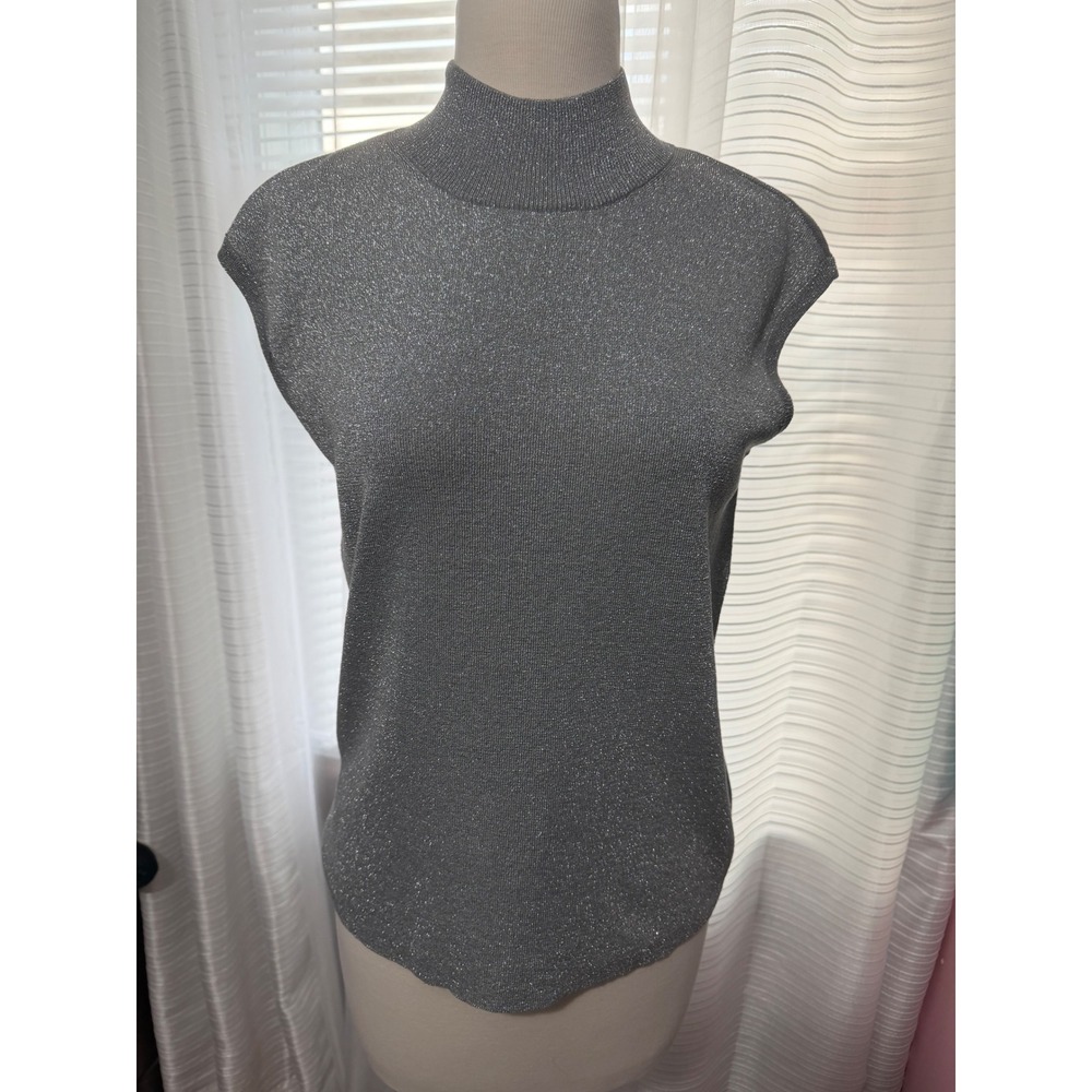 Coldwater Creek Vintage Silver Metallic Silk Blend Mock Turtleneck Shell Top M